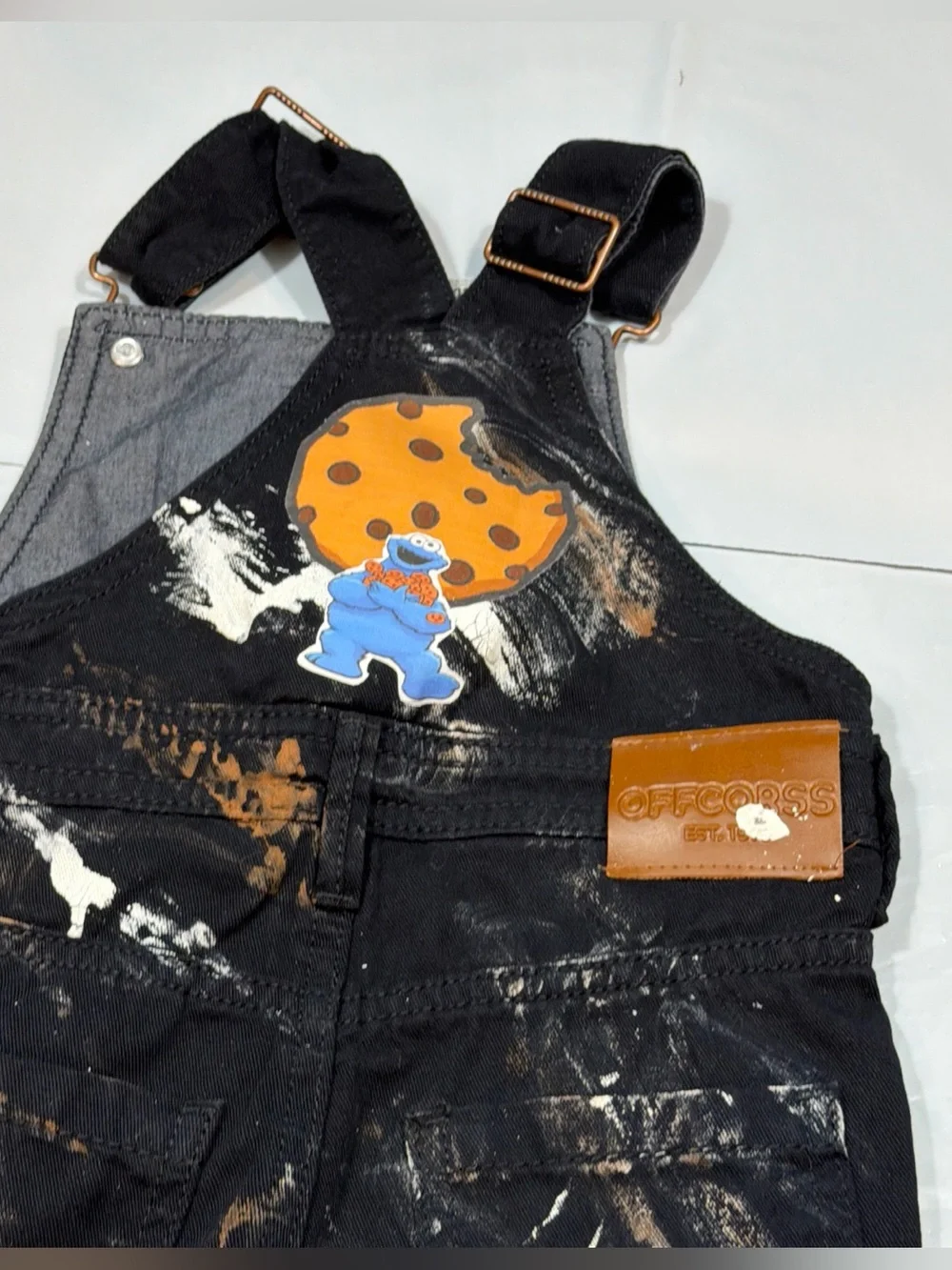 OFFCORSS BLACK denim bib overall jeans white tan paint splatters COOKIE MONSTER